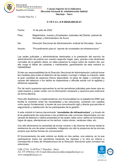 CIRCULAR DESAJSIC22-21 PROCEDIMIENTO PARA EL REPORTE DE NOVEDADES DE INFRAESTRUCTURA